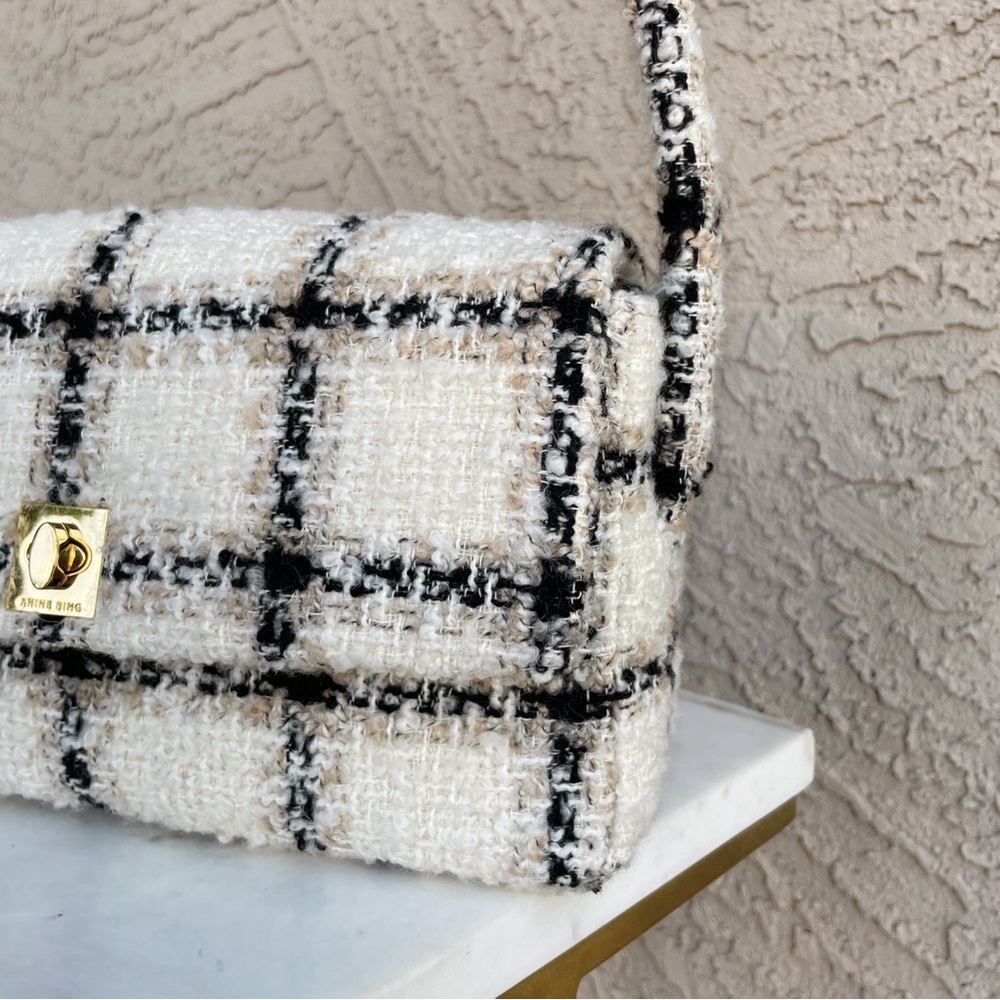 ANINE BING Black & White Textured Wool Tweed Plaid Flap Nico Shoulder Bag - Picture 6 of 17